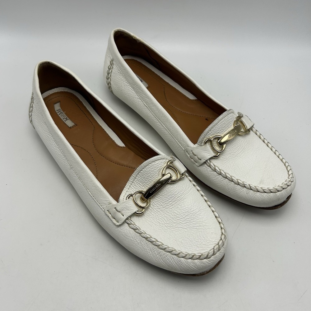 GEOX Loafers Womens 10.5 White Leather Driving Horsebit 41 Slip On